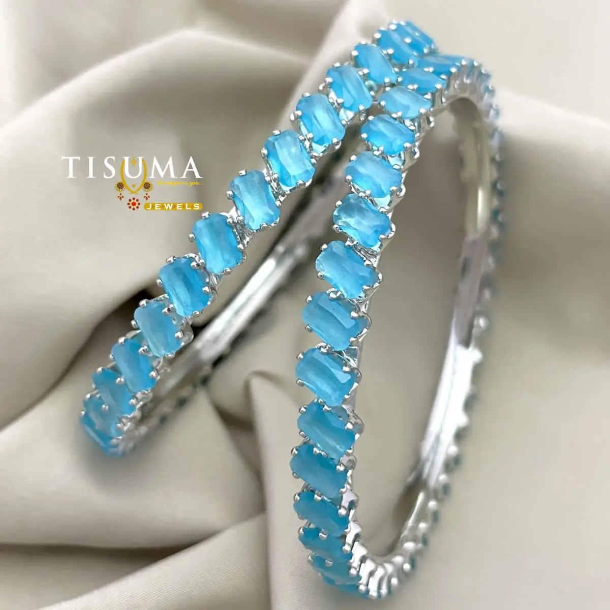 Silver Aqua Emerald AD Bangles